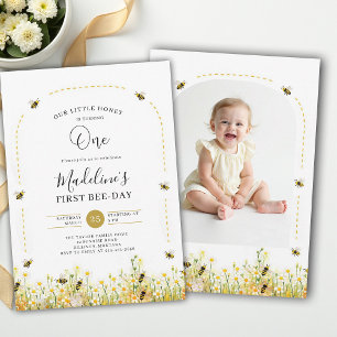 Little Honey Bee-Day Wildflower Photo 1st Birthday Invitation