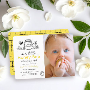 Little Honey Bee Photo Hand-drawn 1st Birthday Invitation