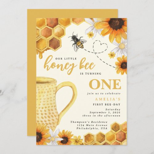 Little Honey Bee Watercolor Sunflower 1st Birthday Invitation