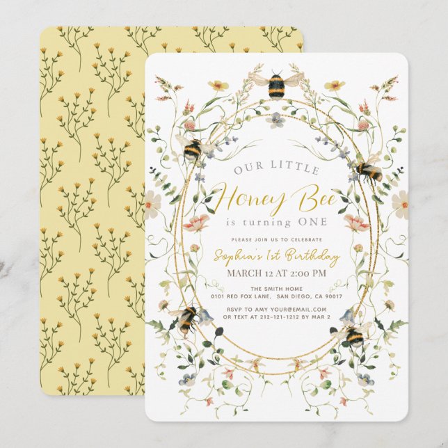 Little Honey Bee Wildflower Girl 1st Birthday Invitation (Front/Back)