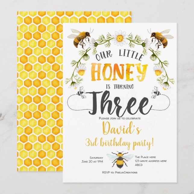 Little Honey, Bumble bee, Bee,Boy,  3rd birthday Invitation (Front/Back)