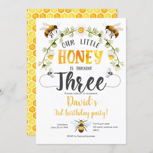 Little Honey Bumble bee BeeBoy  3rd birthday Invitation