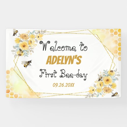 Little Honey Floral Watercolor Bee 1st Birthday  Banner