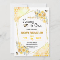 Little Honey Floral Watercolor Bee 1st Birthday  Invitation