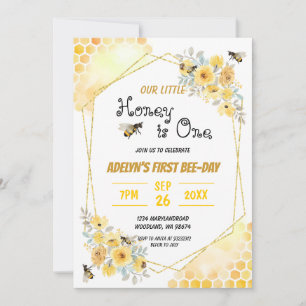 Little Honey Floral Watercolor Bee 1st Birthday Invitation