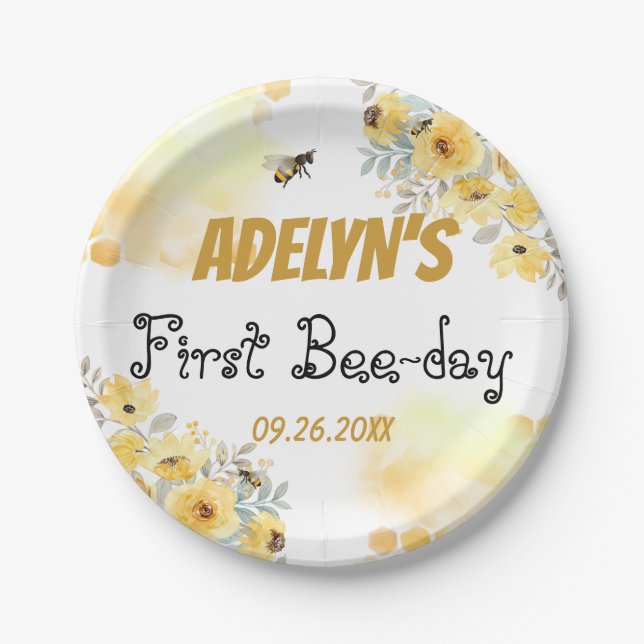 Little Honey Floral Watercolor Bee 1st Birthday  Paper Plates (Front)