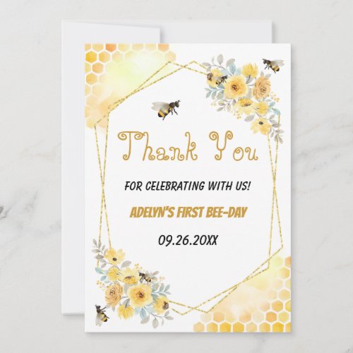 Little Honey Floral Watercolor Bee 1st Birthday  Thank You Card