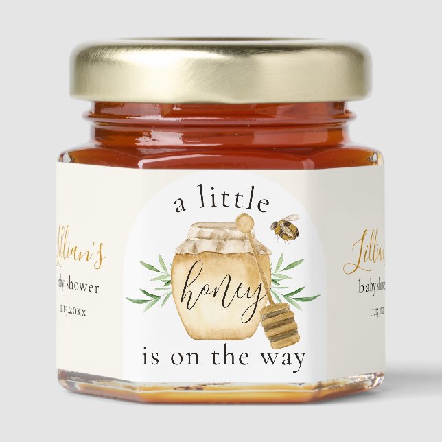 Little Honey Is On The Way Bee Baby Shower Welcome Honey Jar Favors (Front)