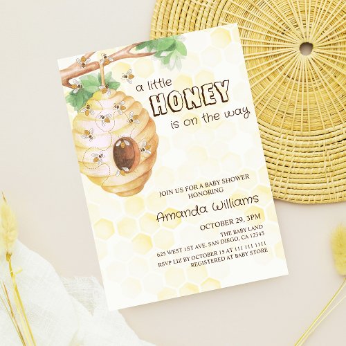 little honey is on the way bee comb baby shower  invitation