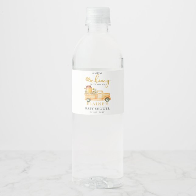 Little Honey Is On The Way Honey bee Baby Shower  Water Bottle Label (Front)