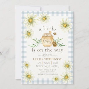 Little Honey On The Way Blue Gingham Baby Shower  Invitation