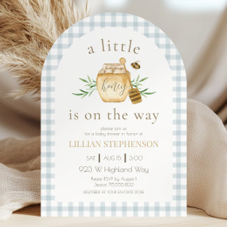 Little Honey On The Way Blue Gingham Baby Shower Invitation
