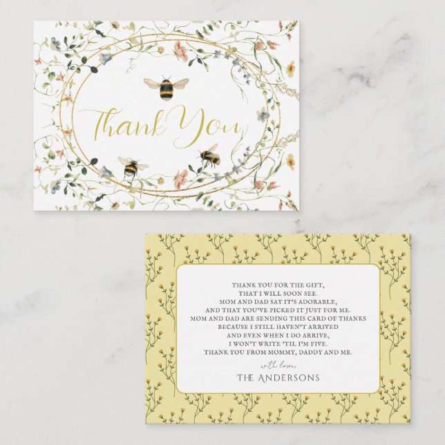 Little Honey Wildflower Bee Baby Shower Thank You Note Card (Front/Back)