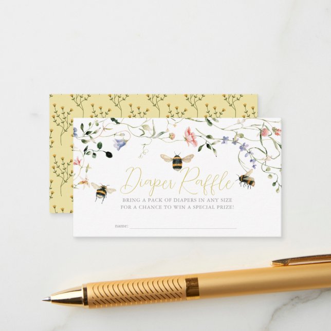 Little Honey Wildflower Bee Diaper Raffle Ticket Enclosure Card (Front/Back In Situ)