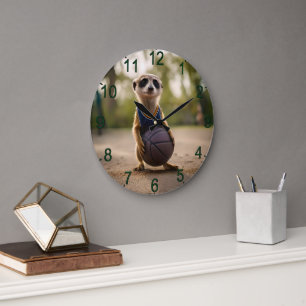 Little Hoop Star: Baby Meerkat Holding Basketball Large Clock