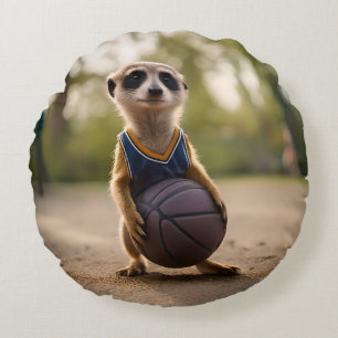 Little Hoop Star: Baby Meerkat Holding Basketball Round Pillow
