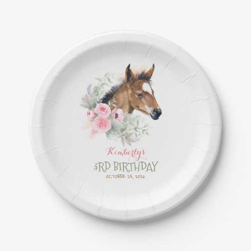 Little Horse Cute Pink Floral Birthday Paper Plates
