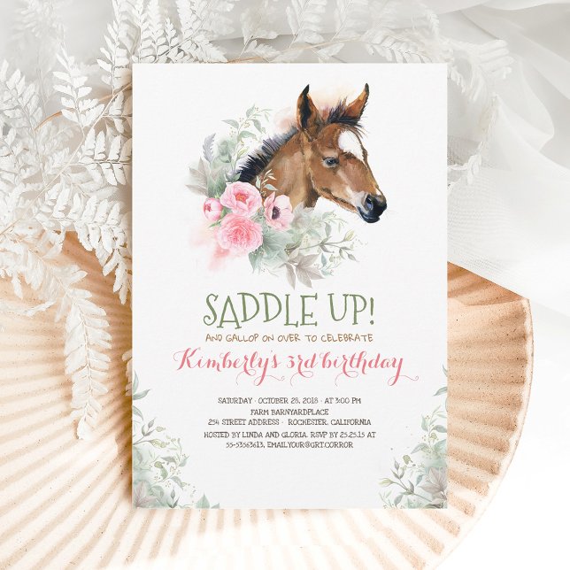 Little Horse Pink Floral Birthday Invitation (Creator Uploaded)