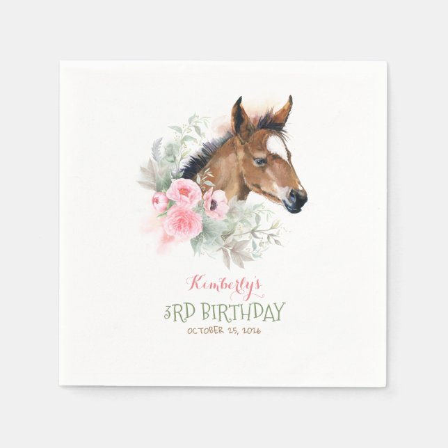 Little Horse Pink Floral Elegant Girls Birthday Napkins (Front)