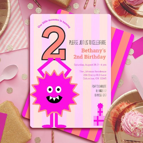 Little Hot Pink Monster 2nd Birthday Girl Cute Invitation