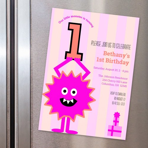 Little Hot Pink Monster Girl 1st Birthday Cute Magnetic Invitation