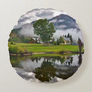 Little House in Mist on Lake Round Pillow
