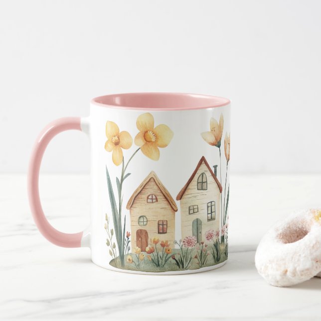 Little Houses Vintage Floral Cottage Mug (With Donut)