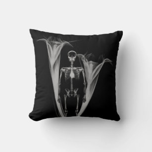 Little Human X-Ray Skeleton & Flowers - B&W Throw Pillow