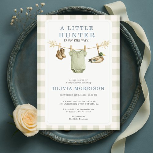 Little Hunter Clothesline Gingham Boy Baby Shower Invitation