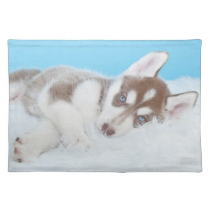 Little Husky Puppy Laying on a Blanket Cloth Placemat