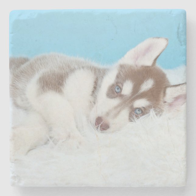 Little Husky Puppy Laying on a Blanket Stone Coaster (Front)