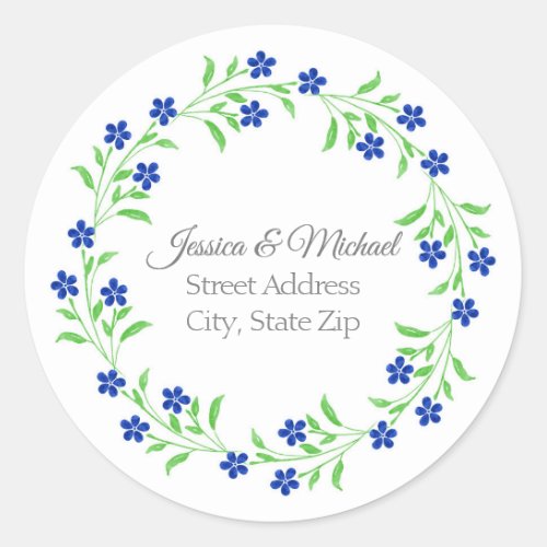 Little Indigo Blue Watercolor Flowers Wreath Classic Round Sticker