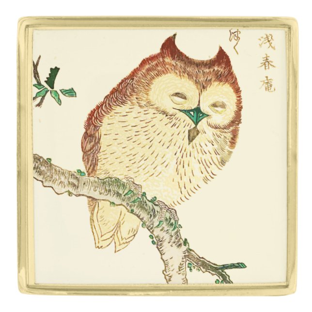 Little Japanese owl sketch Gold Finish Lapel Pin (Front)