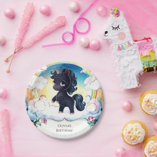 Little Joyful Black Unicorn Birthday Paper Plates (Party)