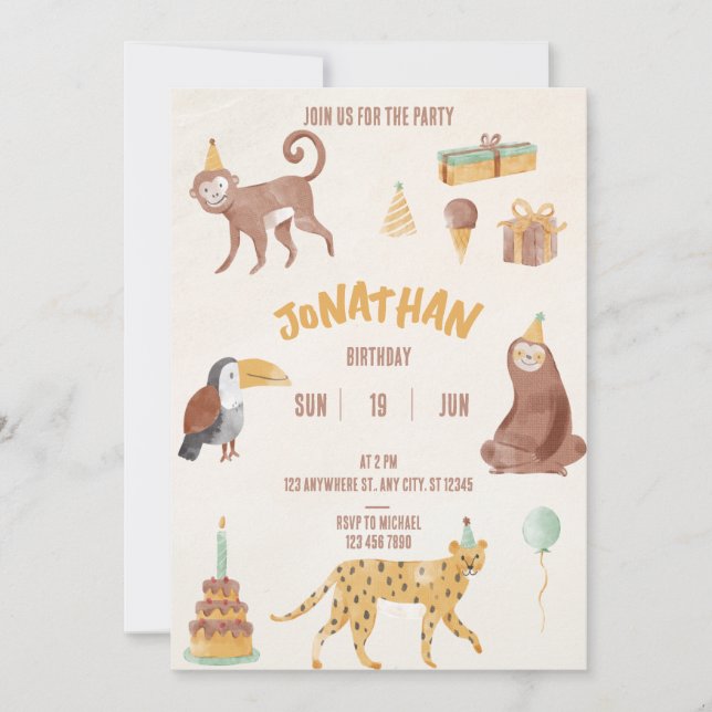 Little Jungle Animals Birthday Invitation (Front)