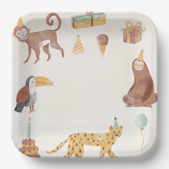 Little Jungle Animals Birthday Paper Plates (Front)
