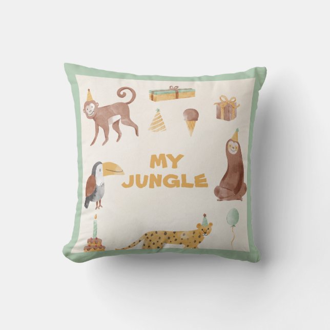 Little Jungle Animals Birthday Throw Pillow (Front)