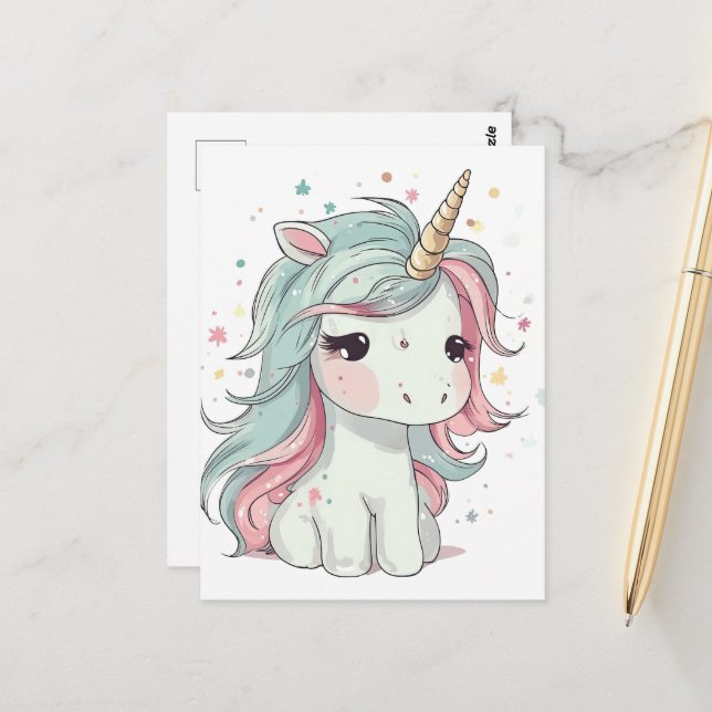 Little Kawaii Unicorn Postcard (Front/Back In Situ)