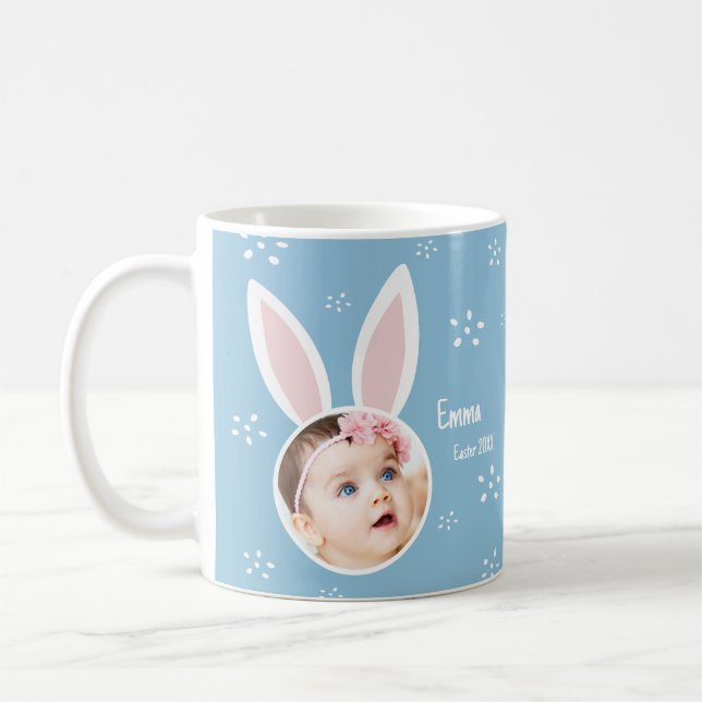 Little Kid Photo w/ Bunny Ears + Name Easter Blue Coffee Mug (Left)