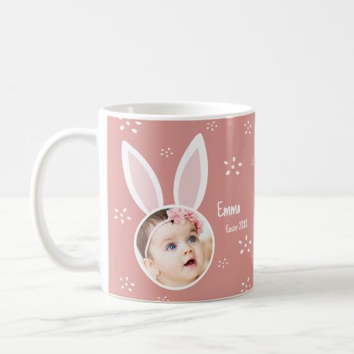 Little Kid Photo w Bunny Ears  Name Easter Pink Coffee Mug
