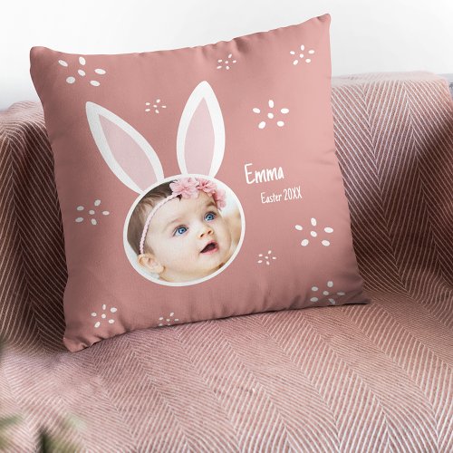Little Kid Photo w Bunny Ears  Name Easter Rose Throw Pillow