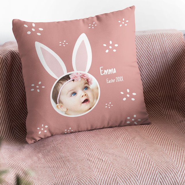 Little Kid Photo w/ Bunny Ears + Name Easter Rose Throw Pillow (Creator Uploaded)