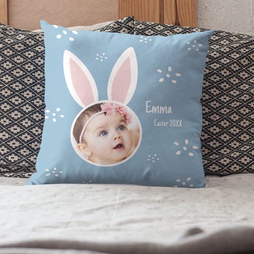 Little Kid Photo with Bunny Ears and Name Easter Throw Pillow