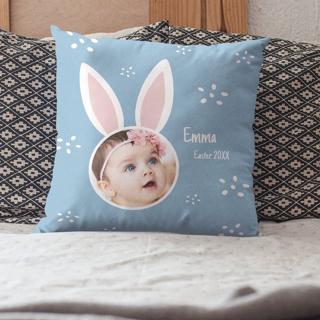Little Kid Photo with Bunny Ears and Name Easter Throw Pillow (Creator Uploaded)