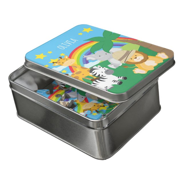 Little Kids Safari Jungle Animals and First Name Jigsaw Puzzle (Lid Open)