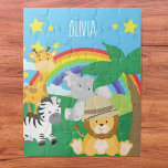 Little Kids Safari Jungle Animals and First Name Jigsaw Puzzle<br><div class="desc">Add a cute colorful jungle theme to the bedroom or nursery game collection of your little boy or girl with this adorable custom safari jigsaw puzzle. Puzzle has a zebra, giraffe, elephant, and lion, all near a palm tree, a rainbow, and bright sunny stars. The name of your little kid...</div>