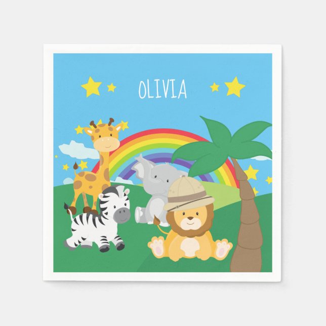 Little Kids Safari Jungle Animals and First Name Napkins (Front)