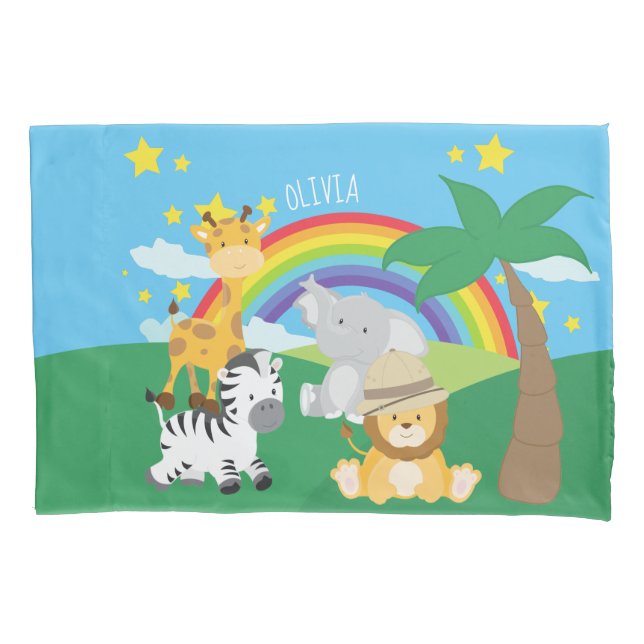 Little Kids Safari Jungle Animals and First Name Pillow Case (Front)