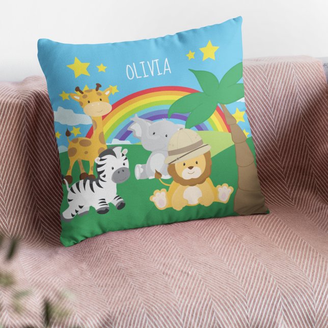 Little Kids Safari Jungle Animals and First Name Throw Pillow (Creator Uploaded)