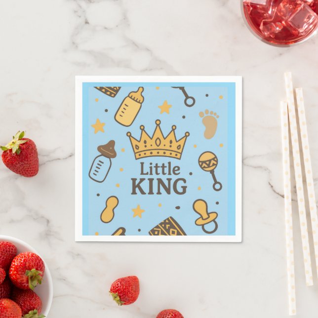 “Little King Baby Shower Banner – Blue & Gold Crow Napkins (Insitu)